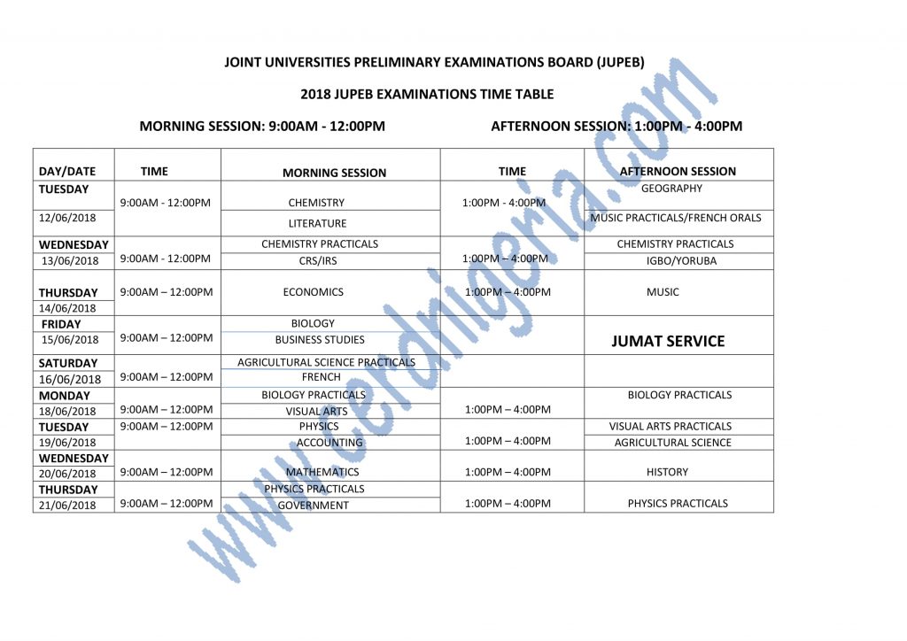 2018 Jupeb examination timetable, jupeb examination time table, jupeb exam time table, jupeb 2018 time table, jupeb time table